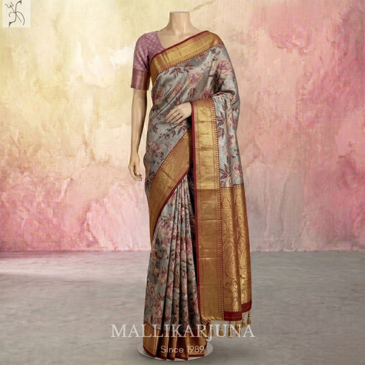 A04.Pure Tissue Grey Meenakari kanjivaram Silk Saree