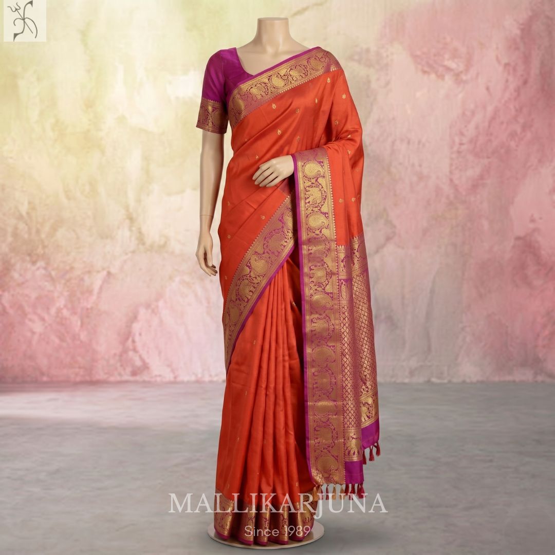A14.pure Orange Kanjivaram Butta silk saree