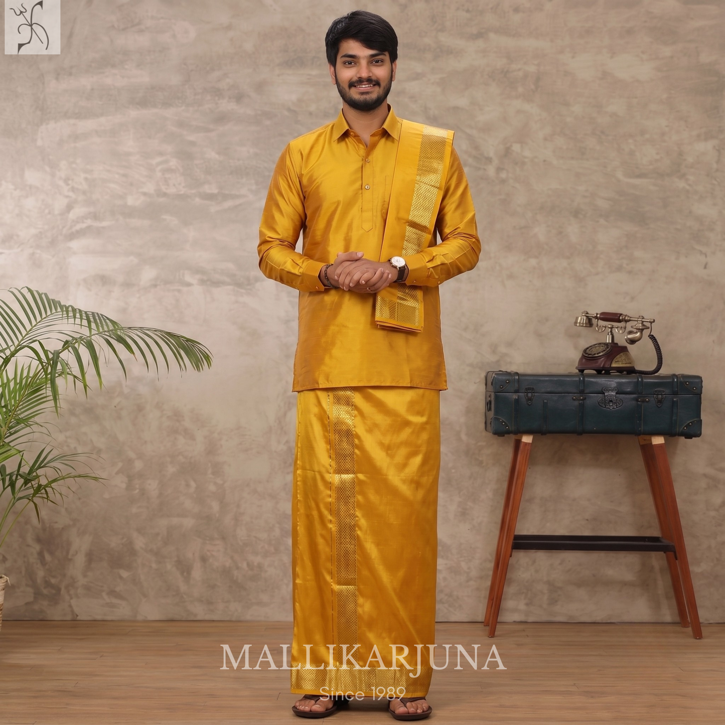 E95.Yellow Premium Pure Silk Dhoti & Angavastram (Towel) Set