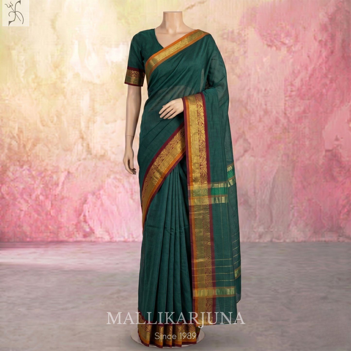 C56. Pure Dark Green Plain Venkatagiri Cotton Saree