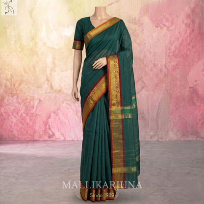 C56. Pure Dark Green Plain Venkatagiri Cotton Saree
