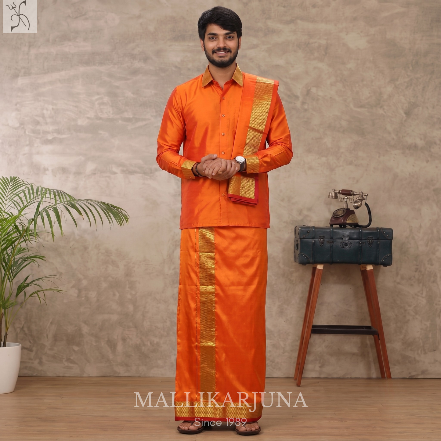 E96.Orange Premium Pure Silk Dhoti & Angavastram (Towel) Set