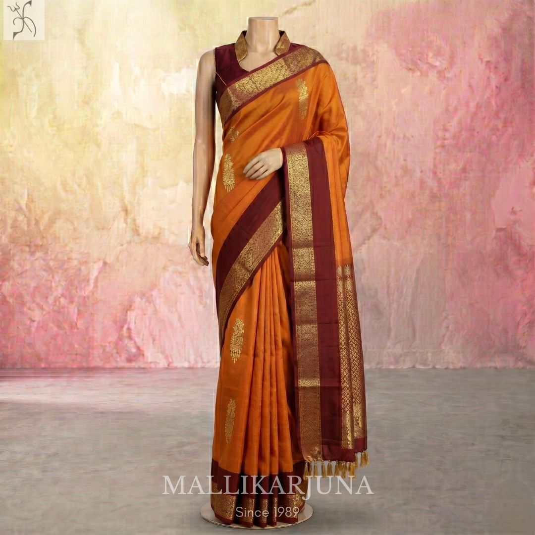 A16.Pure Mustard Yellow Kanjivaram Butta silk saree
