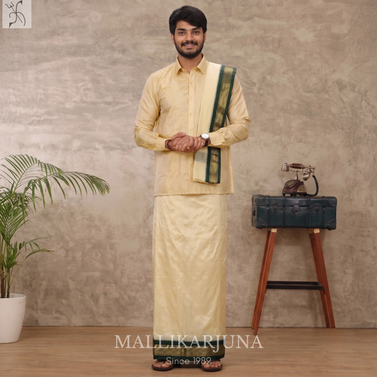 E97.Cream Premium Pure Silk Dhoti & Angavastram (Towel) Set