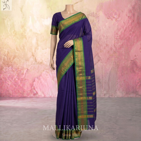 C57. Pure Ink Blue Plain Venkatagiri Cotton Saree