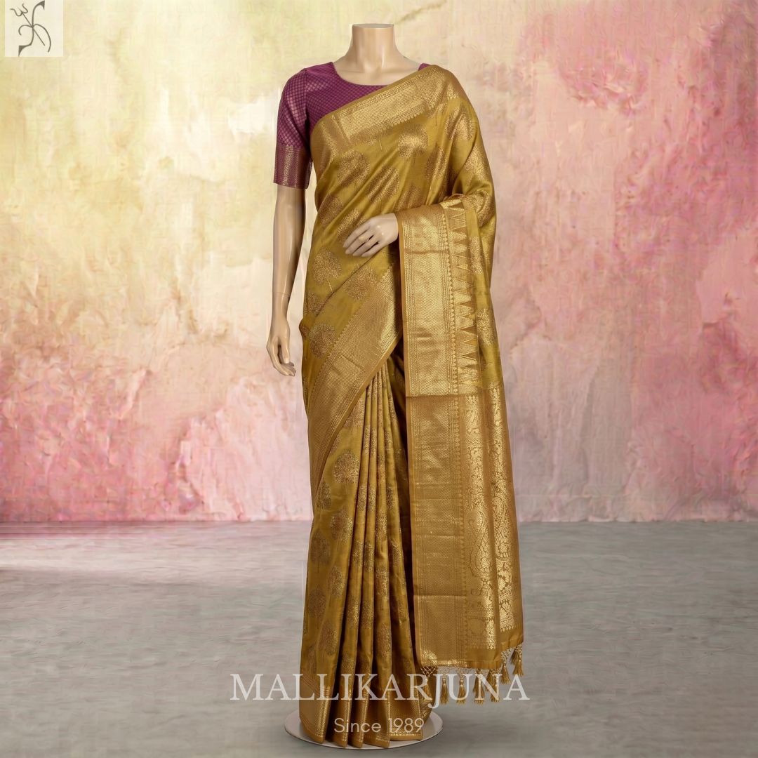 A06.Pure Tissue Yellow Kanjivaram Silk Saree