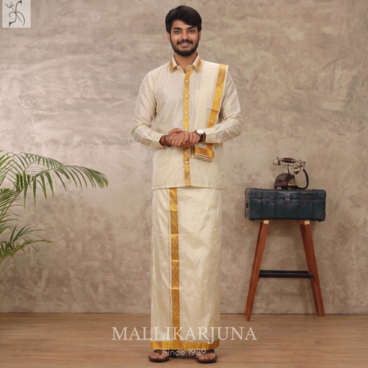 E98.Cream Semi Silk Dhoti & Angavastram (Towel) Set