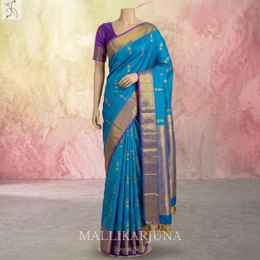 A17.Pure Peacock Green Kanjivaram Butta Silk Saree