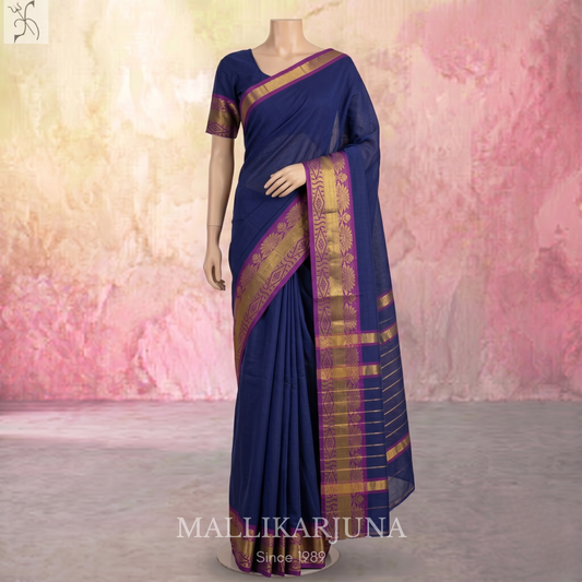 C58. Pure Dark Blue Plain Venkatagiri Cotton Saree