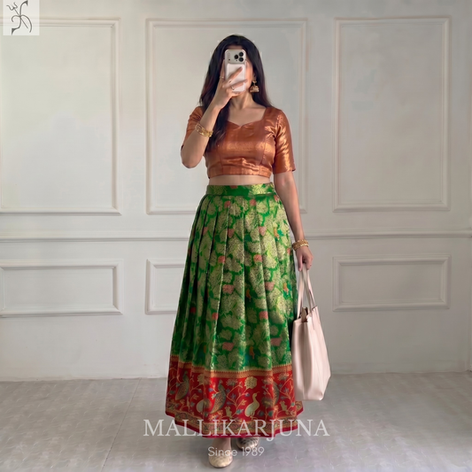 M131 Semi Kanjivaram Tissue Green Pattu Pavada